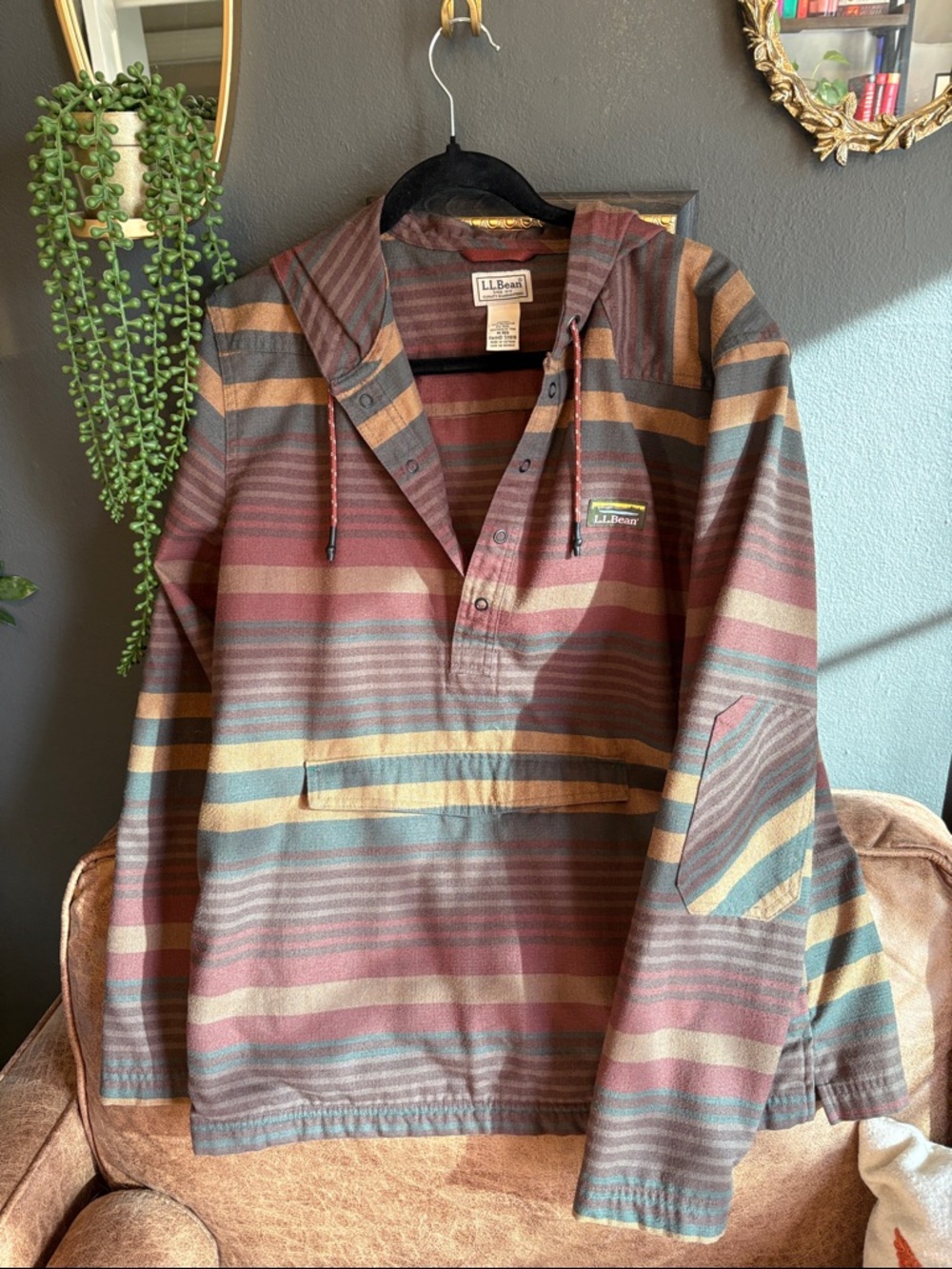L.L. Bean Hooded Pullover Jacket in Rust, Brown, Blue Stripes